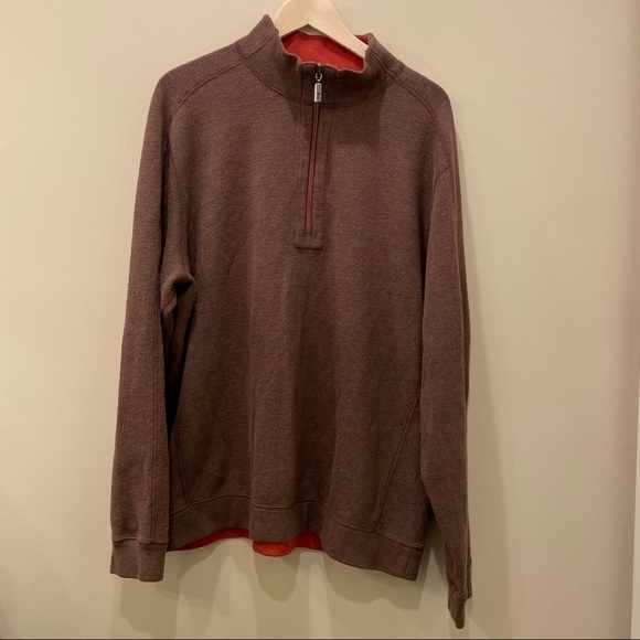 Tommy Bahama Reversible Flipshore Dark Taupe Heather Quarter Zip Sweater - Picture 1 of 12